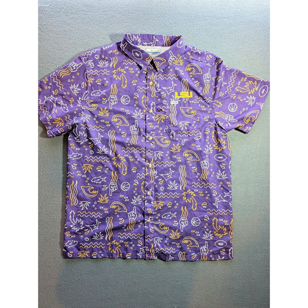 Columbia PFG LSU Men’s L Purple Graphic Print Short Sleeve Button-Up Shirt